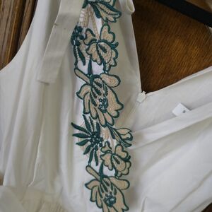 Sandro White Mini Dress with Green Floral Embroidery